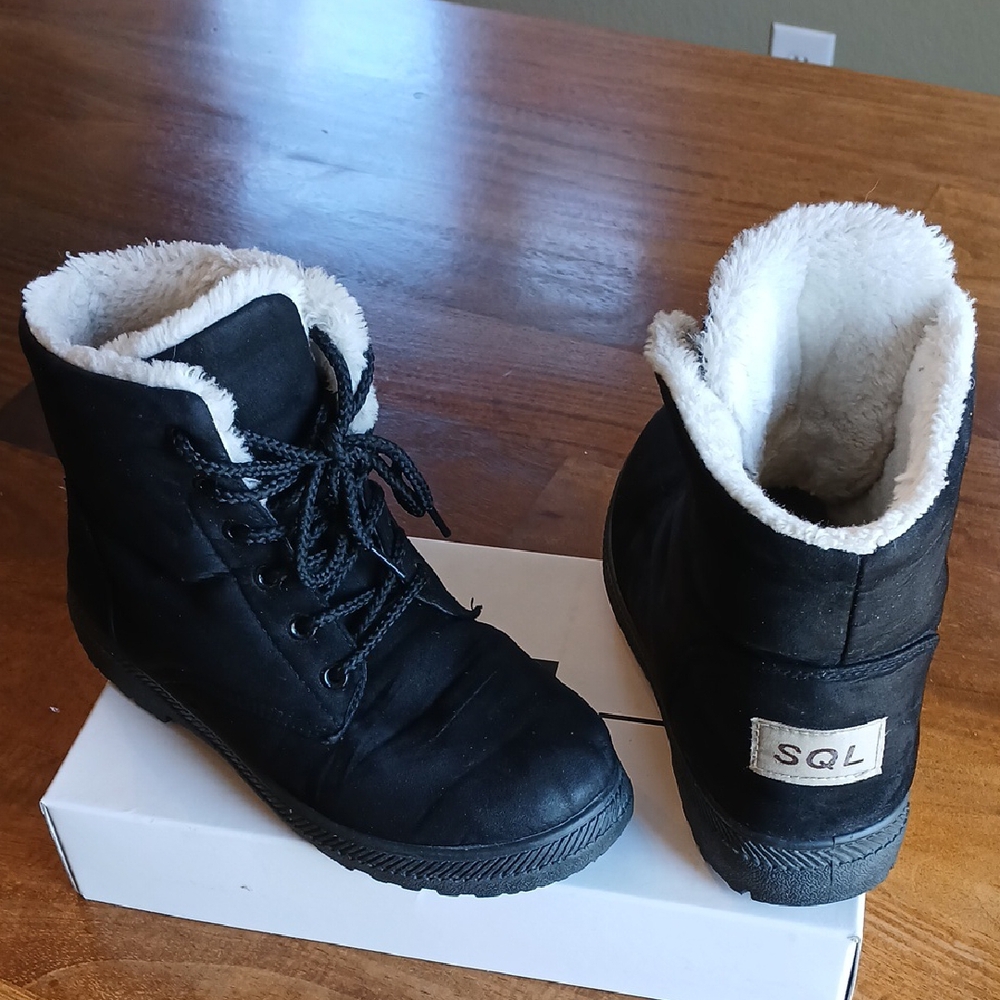 SQL Black Winter Rain Boots with Plush Lining. Worn